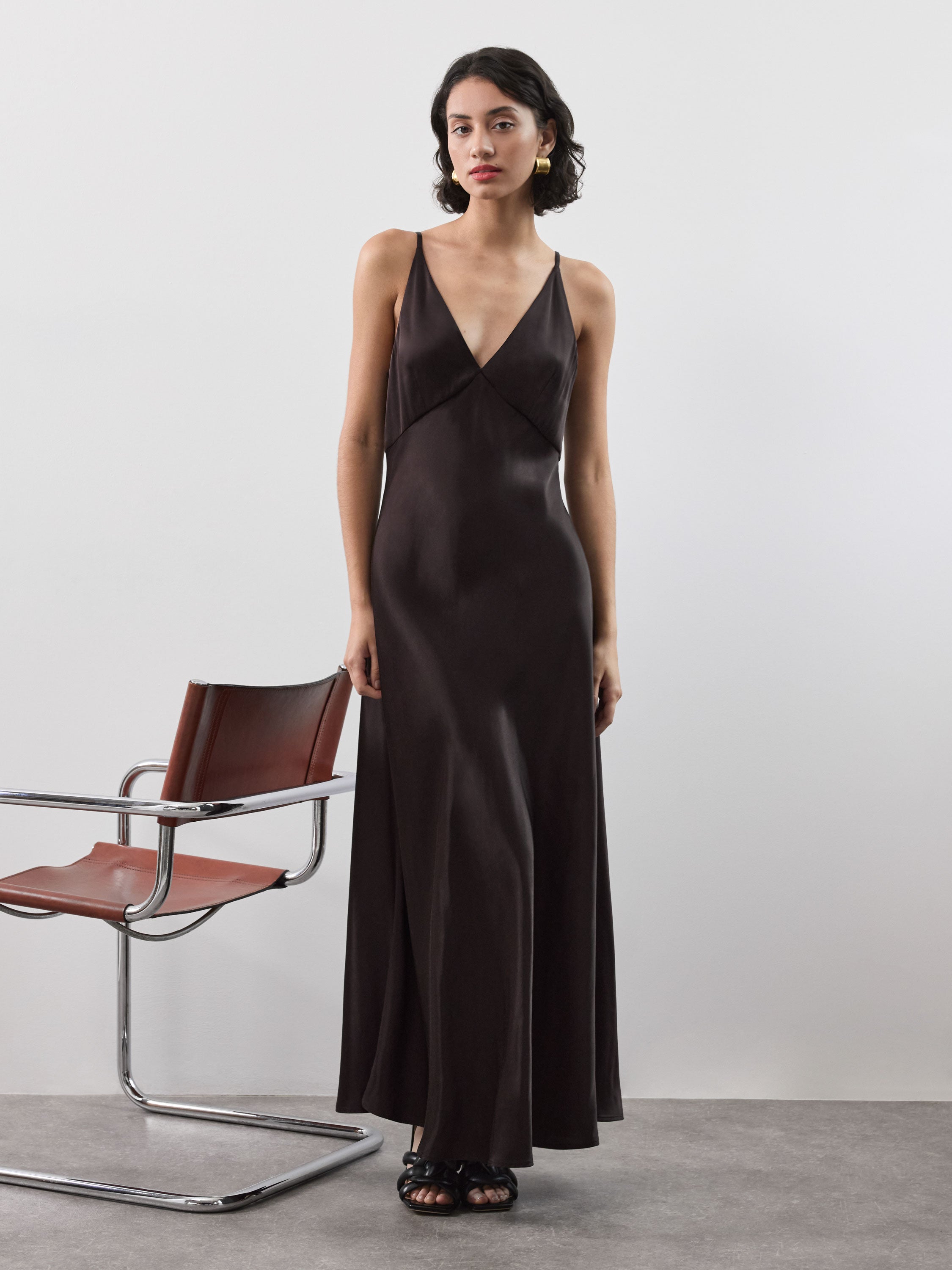 Satin Slip Dress in Dark Brown