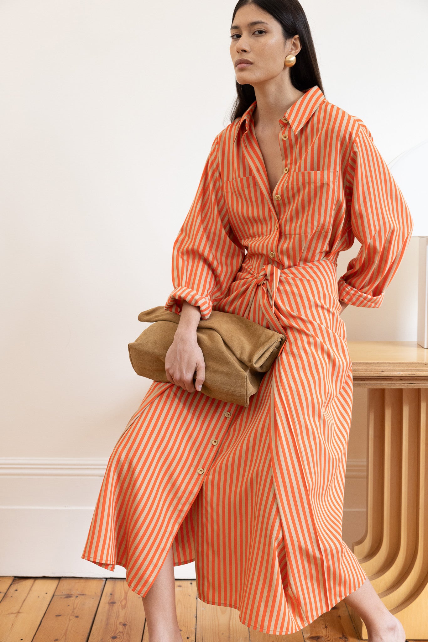 long sleeve tie front shirt dress Women's Front Tie Dress in Orange Stripe – vivere-london