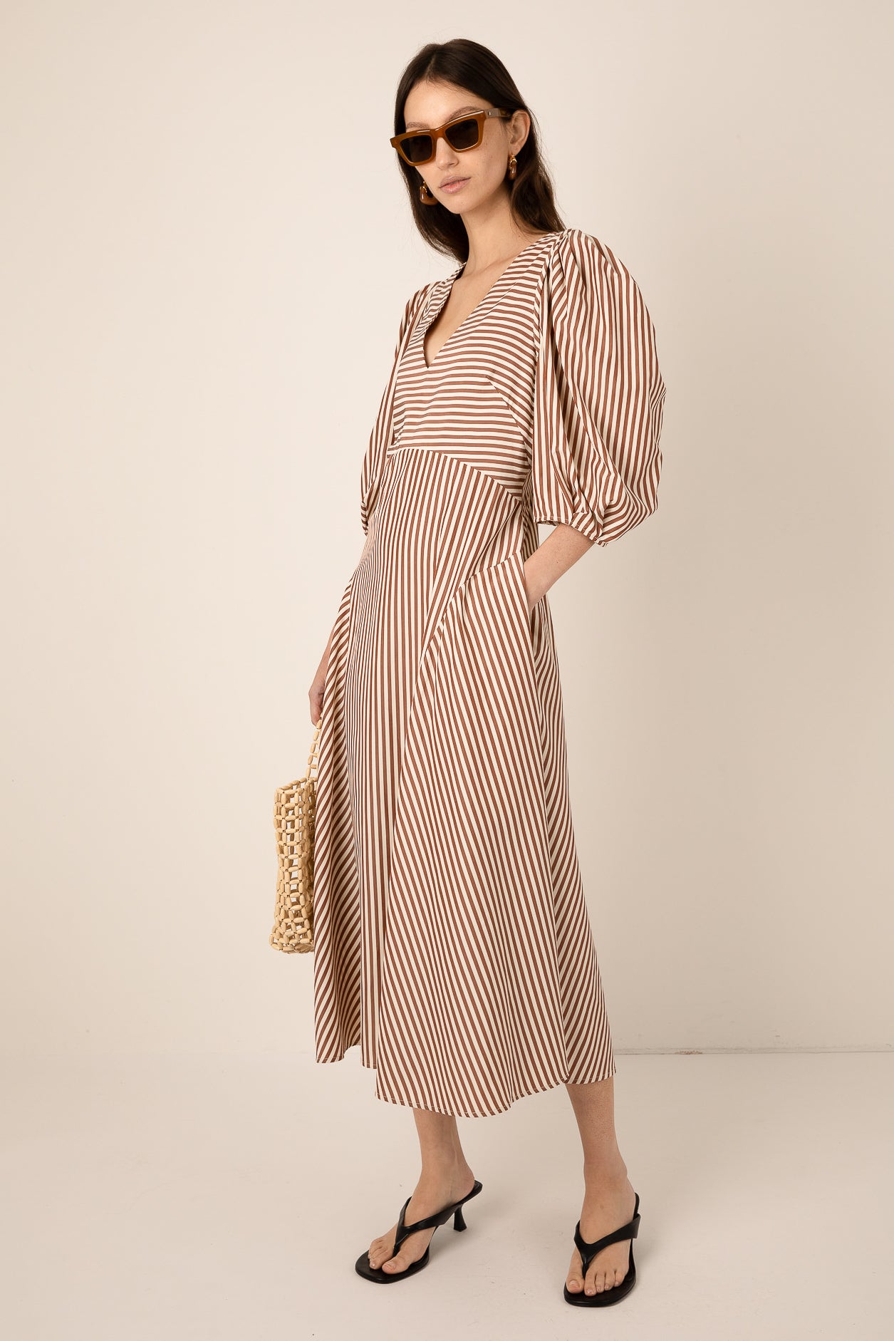 Striped Maxi Dress with Puff Sleeves in Brown – vivere-london