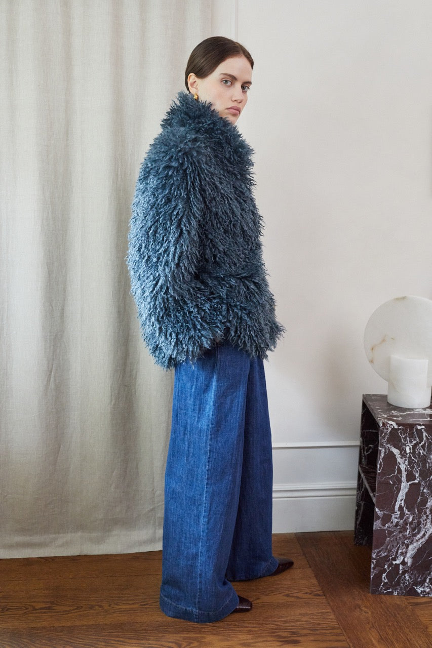 Women's Shaggy Fur Jacket in Teal Blue – vivere-london