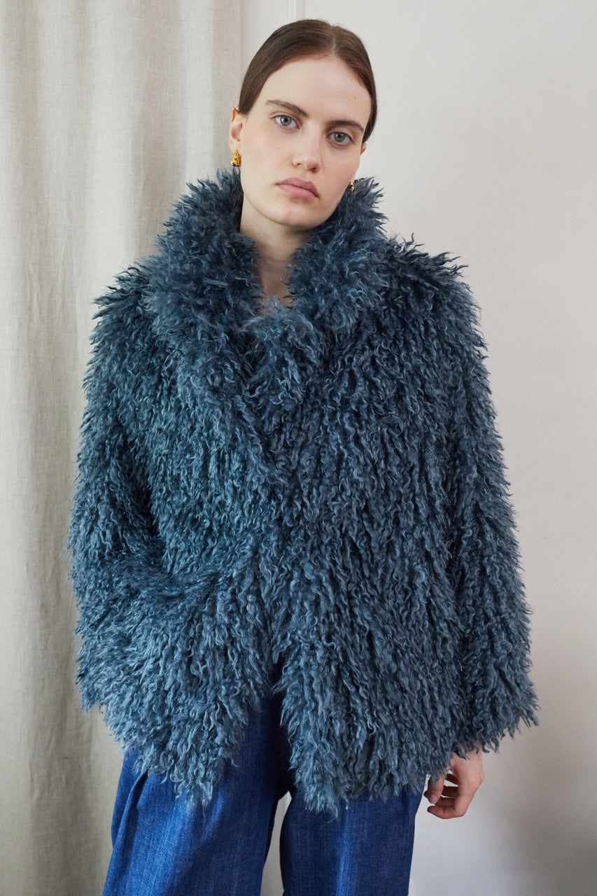 Women's Shaggy Fur Jacket in Teal Blue – vivere-london