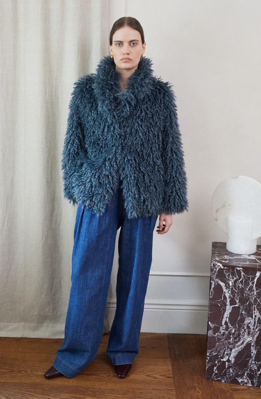 Women's Shaggy Fur Jacket in Teal Blue – vivere-london
