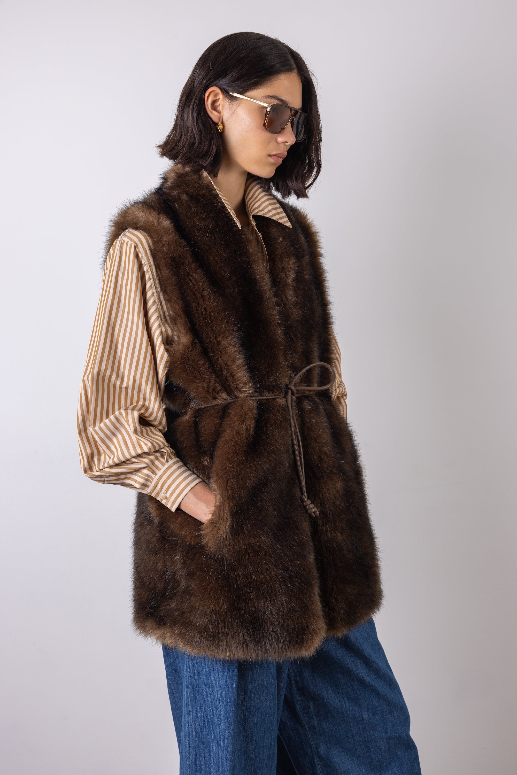 Women's Belted Fur Gilet Coat in Brown – vivere-london