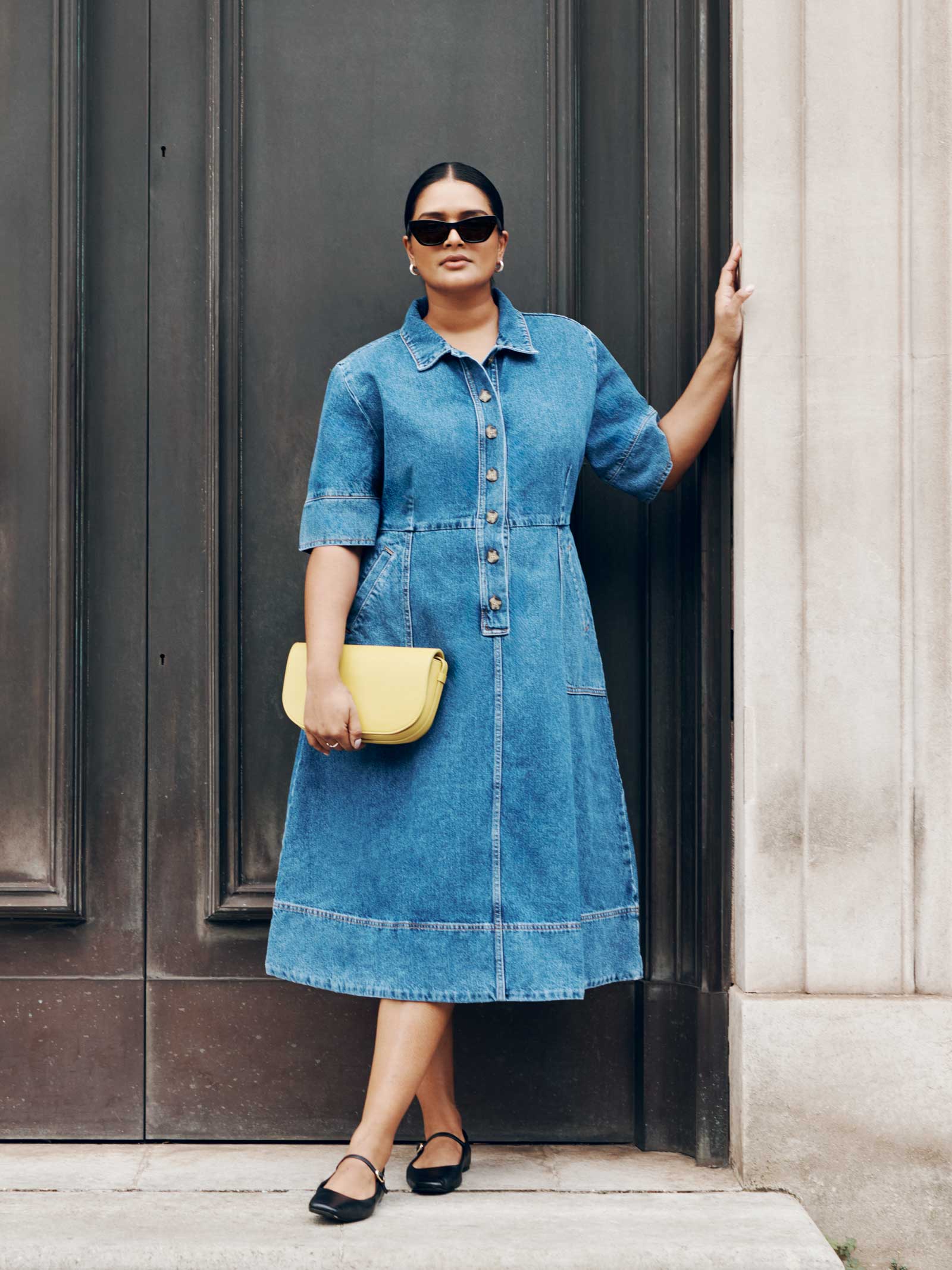 Women s Denim Midi Dress in Blue vivere london